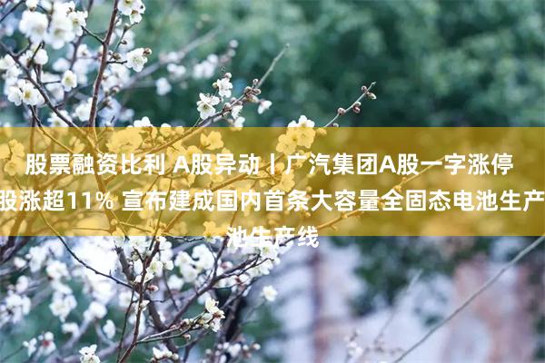 股票融资比利 A股异动丨广汽集团A股一字涨停 H股涨超11% 宣布建成国内首条大容量全固态电池生产线